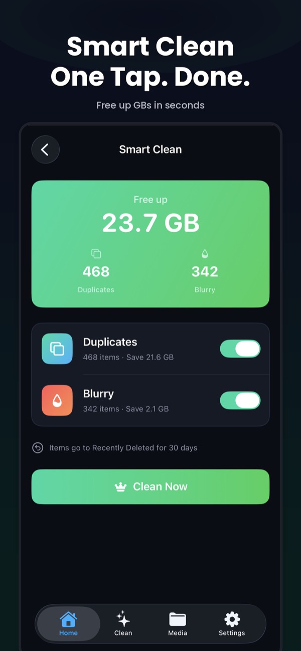 Clean Kit Smart Clean screen showing 23.7 GB to free from 468 duplicates and 342 blurry photos